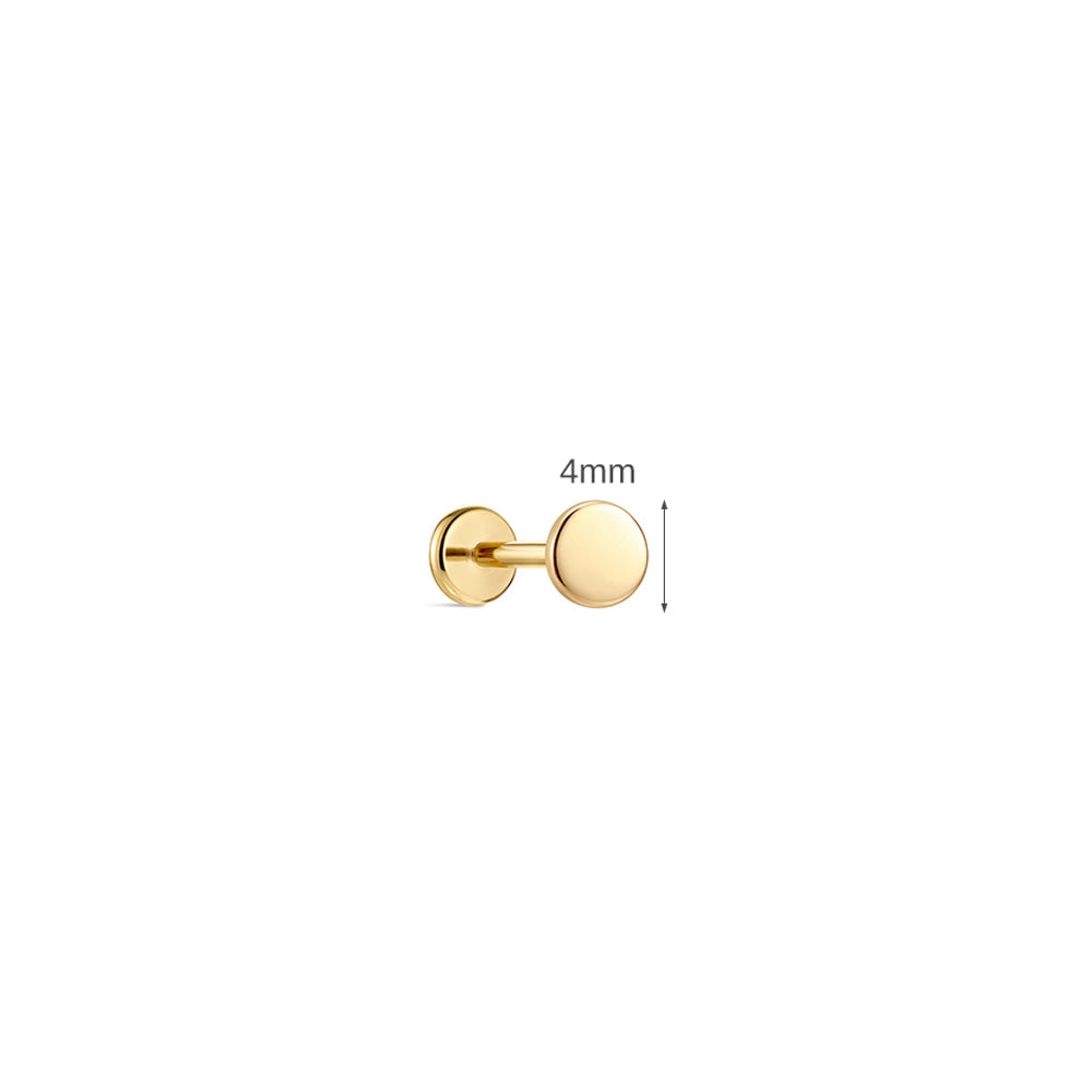 14K Gold Polished Round Disc Titanium Internally Threaded Flat Back Cartilage Stud | Hypoallergenic Piercing Jewelry