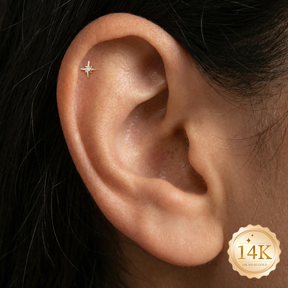 14K Gold Eight-Pointed Star CZ Titanium Internally Threaded Flat Back Cartilage Stud | Hypoallergenic Piercing Jewelry