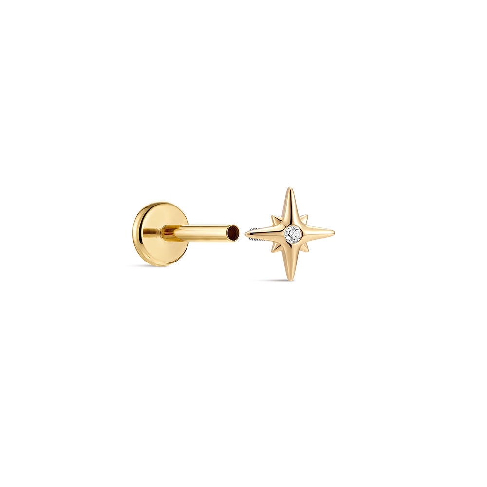 14K Gold Eight-Pointed Star CZ Titanium Internally Threaded Flat Back Cartilage Stud | Hypoallergenic Piercing Jewelry