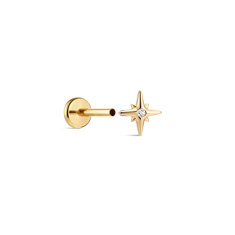 14K Gold Eight-Pointed Star CZ Titanium Internally Threaded Flat Back Cartilage Stud | Hypoallergenic Piercing Jewelry