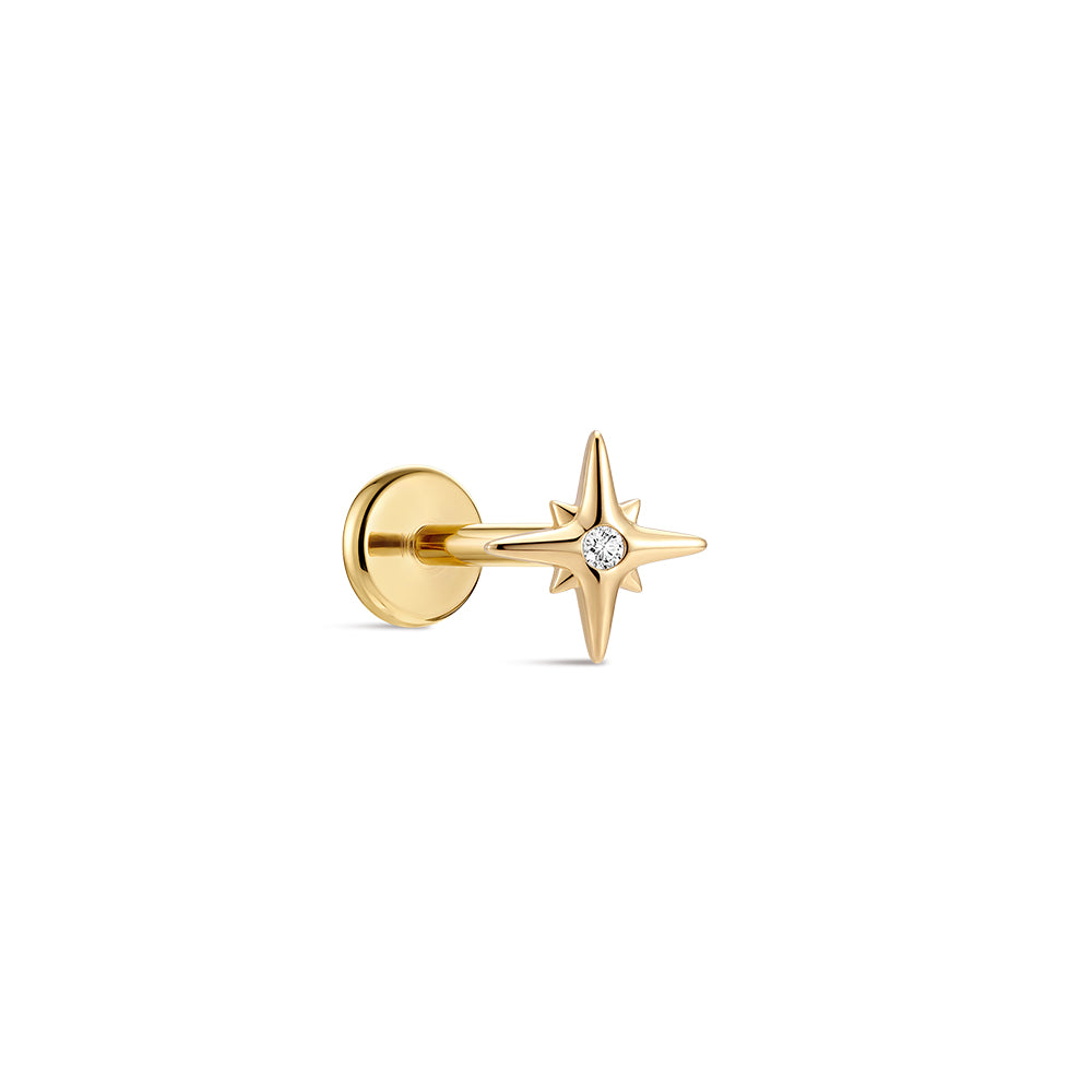 14K Gold Eight-Pointed Star CZ Titanium Internally Threaded Flat Back Cartilage Stud | Hypoallergenic Piercing Jewelry