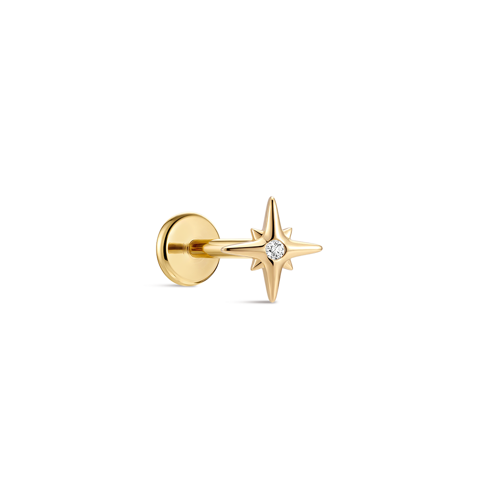 14K Gold Eight-Pointed Star CZ Titanium Internally Threaded Flat Back Cartilage Stud | Hypoallergenic Piercing Jewelry
