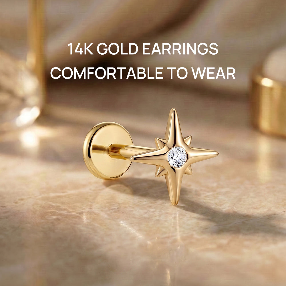 14K Gold Eight-Pointed Star CZ Titanium Internally Threaded Flat Back Cartilage Stud | Hypoallergenic Piercing Jewelry
