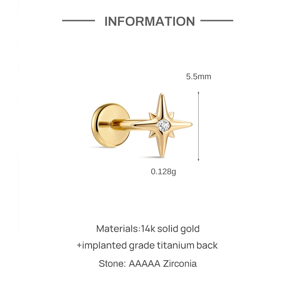 14K Gold Eight-Pointed Star CZ Titanium Internally Threaded Flat Back Cartilage Stud | Hypoallergenic Piercing Jewelry