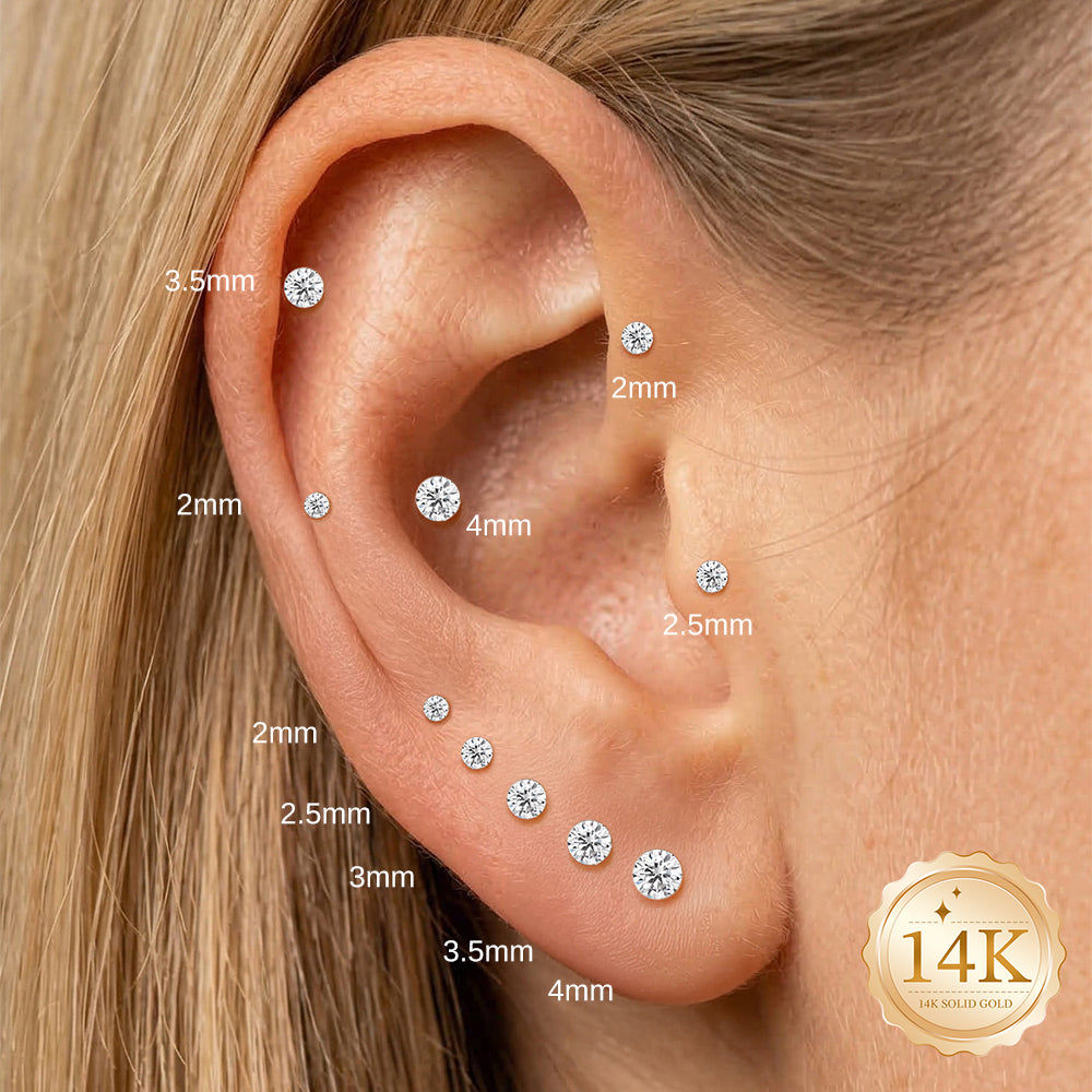 14K Gold Classic Round Flush-Set CZ Titanium Internally Threaded Flat Back Cartilage Stud | Hypoallergenic Piercing Jewelry