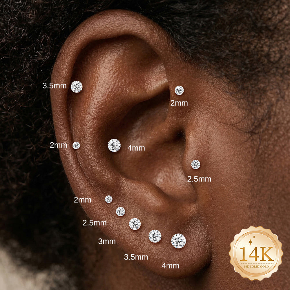 14K Gold Classic Round Flush-Set CZ Titanium Internally Threaded Flat Back Cartilage Stud | Hypoallergenic Piercing Jewelry