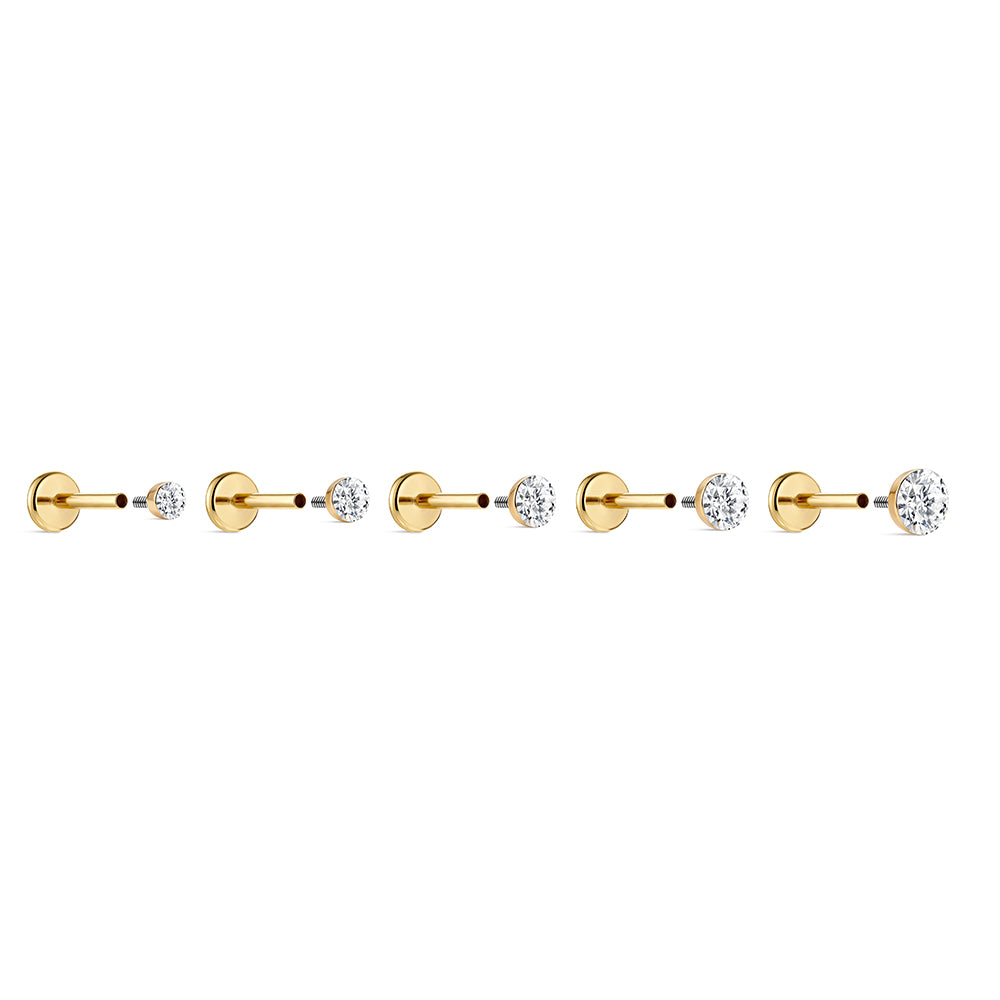 14K Gold Classic Round Flush-Set CZ Titanium Internally Threaded Flat Back Cartilage Stud | Hypoallergenic Piercing Jewelry