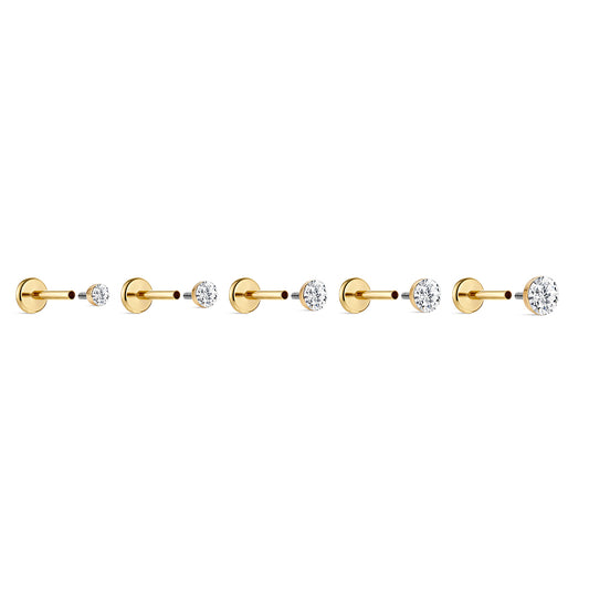 14K Gold Classic Round Flush-Set CZ Titanium Internally Threaded Flat Back Cartilage Stud | Hypoallergenic Piercing Jewelry