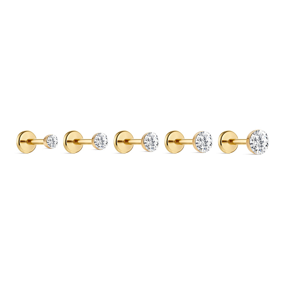 14K Gold Classic Round Flush-Set CZ Titanium Internally Threaded Flat Back Cartilage Stud | Hypoallergenic Piercing Jewelry