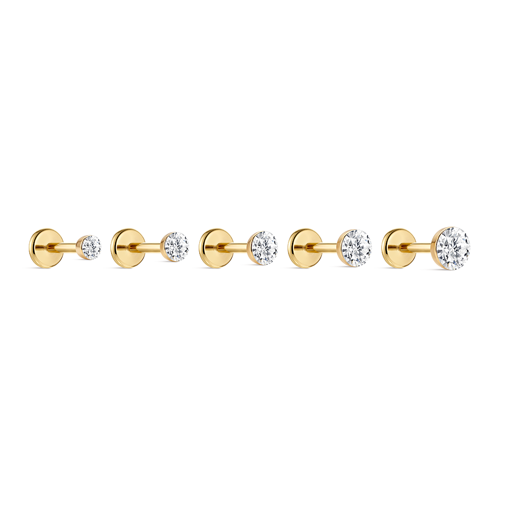14K Gold Classic Round Flush-Set CZ Titanium Internally Threaded Flat Back Cartilage Stud | Hypoallergenic Piercing Jewelry