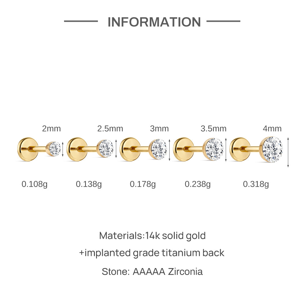14K Gold Classic Round Flush-Set CZ Titanium Internally Threaded Flat Back Cartilage Stud | Hypoallergenic Piercing Jewelry