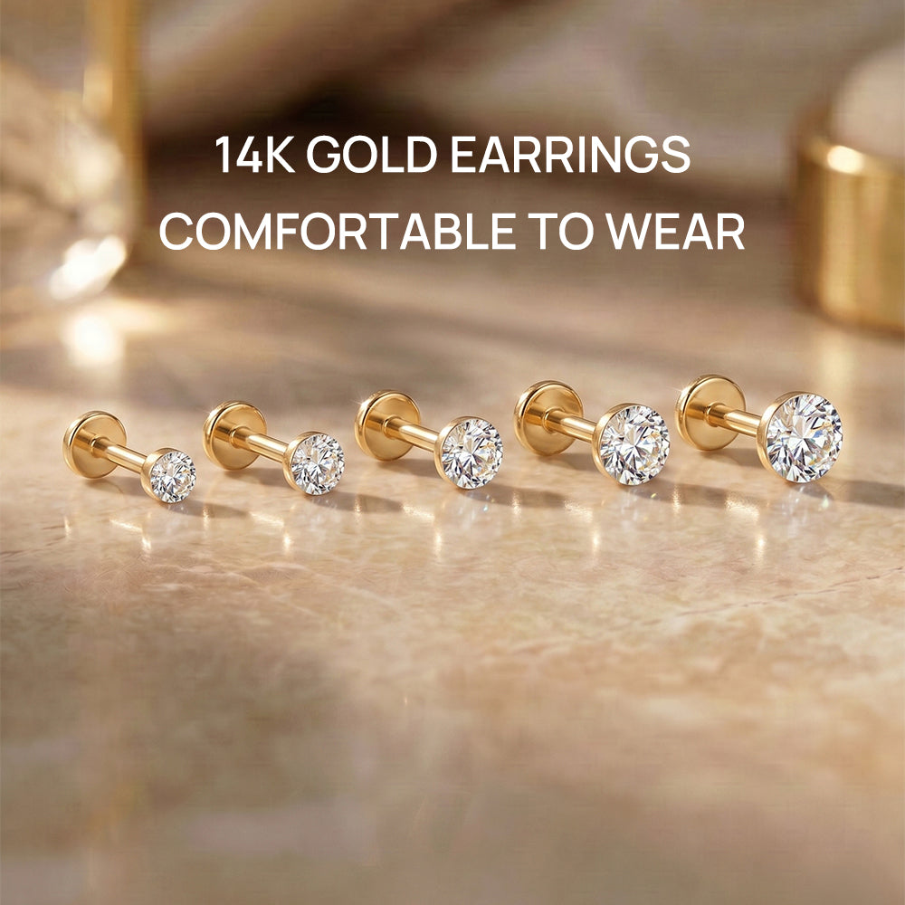 14K Gold Classic Round Flush-Set CZ Titanium Internally Threaded Flat Back Cartilage Stud | Hypoallergenic Piercing Jewelry