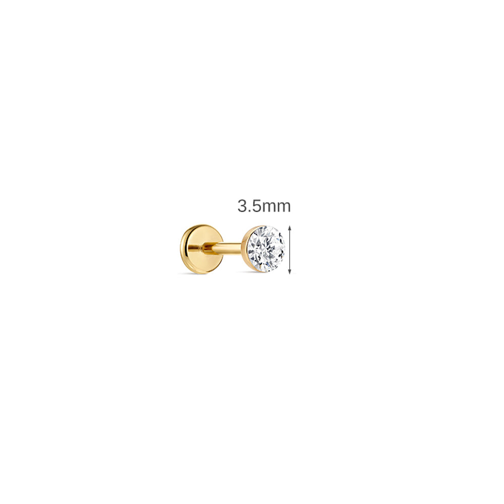 14K Gold Classic Round Flush-Set CZ Titanium Internally Threaded Flat Back Cartilage Stud | Hypoallergenic Piercing Jewelry