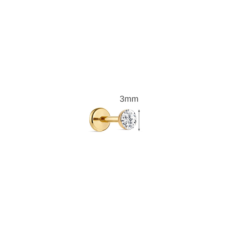 14K Gold Classic Round Flush-Set CZ Titanium Internally Threaded Flat Back Cartilage Stud | Hypoallergenic Piercing Jewelry