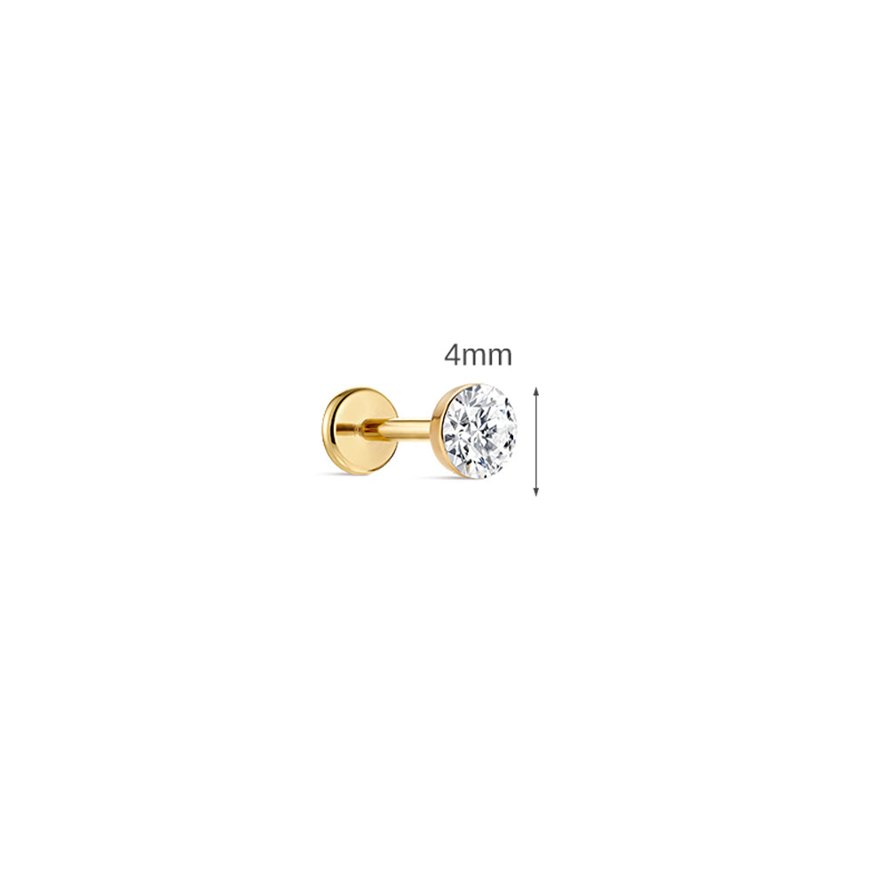 14K Gold Classic Round Flush-Set CZ Titanium Internally Threaded Flat Back Cartilage Stud | Hypoallergenic Piercing Jewelry