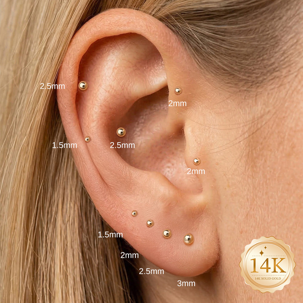 14K Gold Polished Sphere Ball Titanium Internally Threaded Flat Back Cartilage Stud | Hypoallergenic Piercing Jewelry