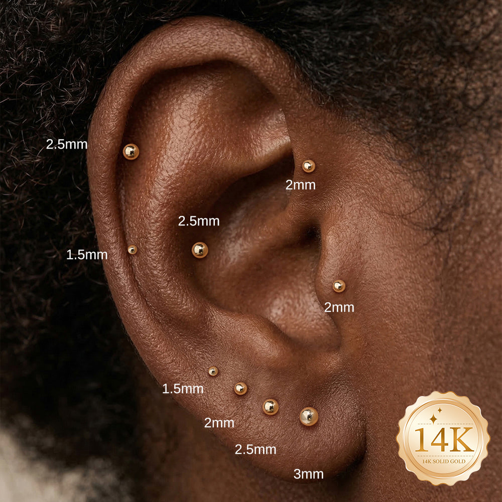 14K Gold Polished Sphere Ball Titanium Internally Threaded Flat Back Cartilage Stud | Hypoallergenic Piercing Jewelry