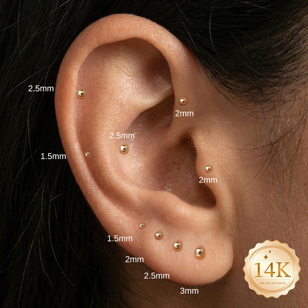 14K Gold Polished Sphere Ball Titanium Internally Threaded Flat Back Cartilage Stud | Hypoallergenic Piercing Jewelry