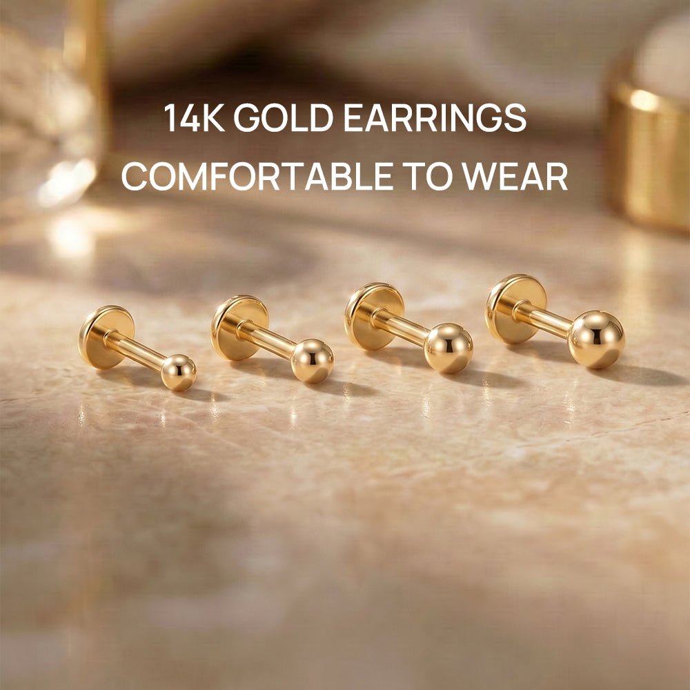 14K Gold Polished Sphere Ball Titanium Internally Threaded Flat Back Cartilage Stud | Hypoallergenic Piercing Jewelry
