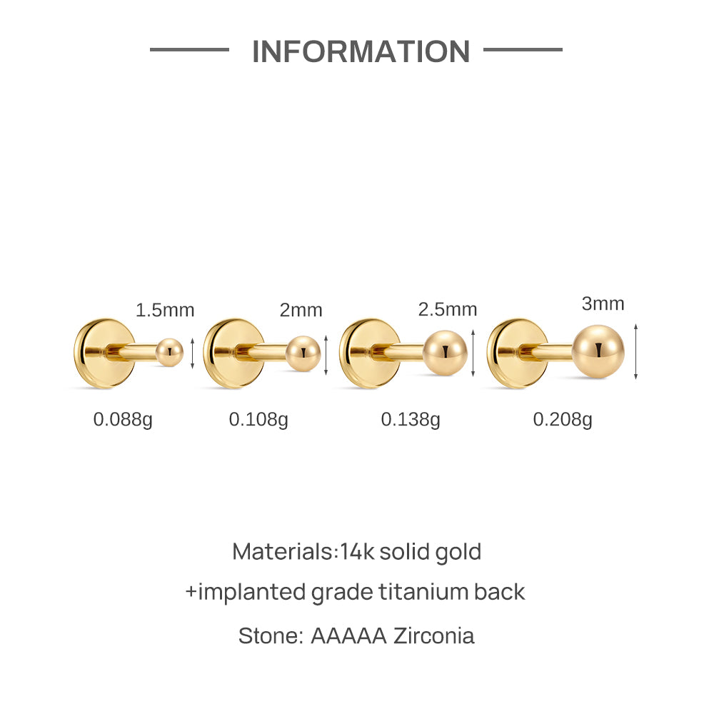 14K Gold Polished Sphere Ball Titanium Internally Threaded Flat Back Cartilage Stud | Hypoallergenic Piercing Jewelry