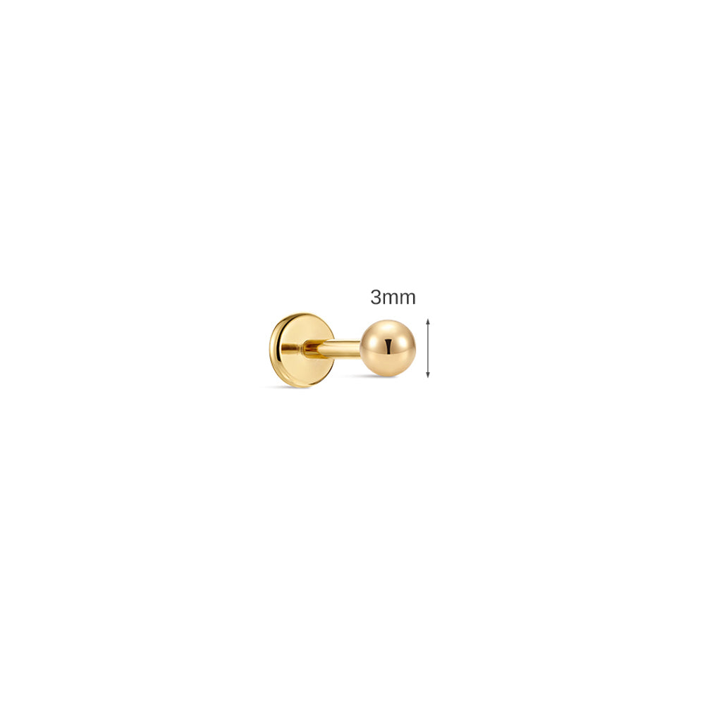 14K Gold Polished Sphere Ball Titanium Internally Threaded Flat Back Cartilage Stud | Hypoallergenic Piercing Jewelry