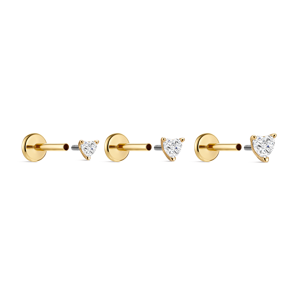 14K Gold Heart CZ Titanium Internally Threaded Flat Back Cartilage Stud | Hypoallergenic Piercing Jewelry