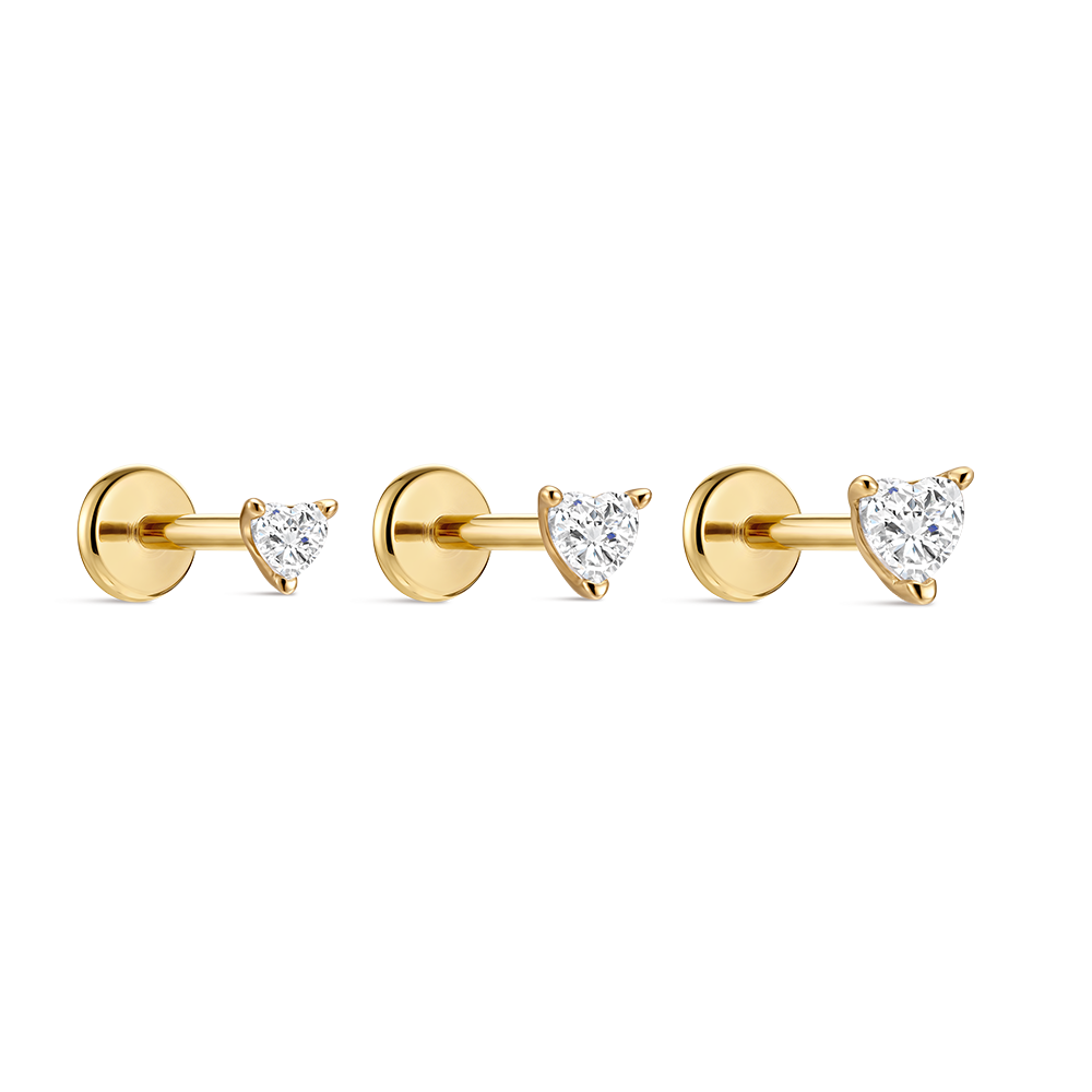 14K Gold Heart CZ Titanium Internally Threaded Flat Back Cartilage Stud | Hypoallergenic Piercing Jewelry