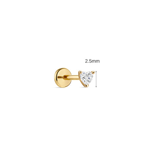 14K Gold Heart CZ Titanium Internally Threaded Flat Back Cartilage Stud | Hypoallergenic Piercing Jewelry