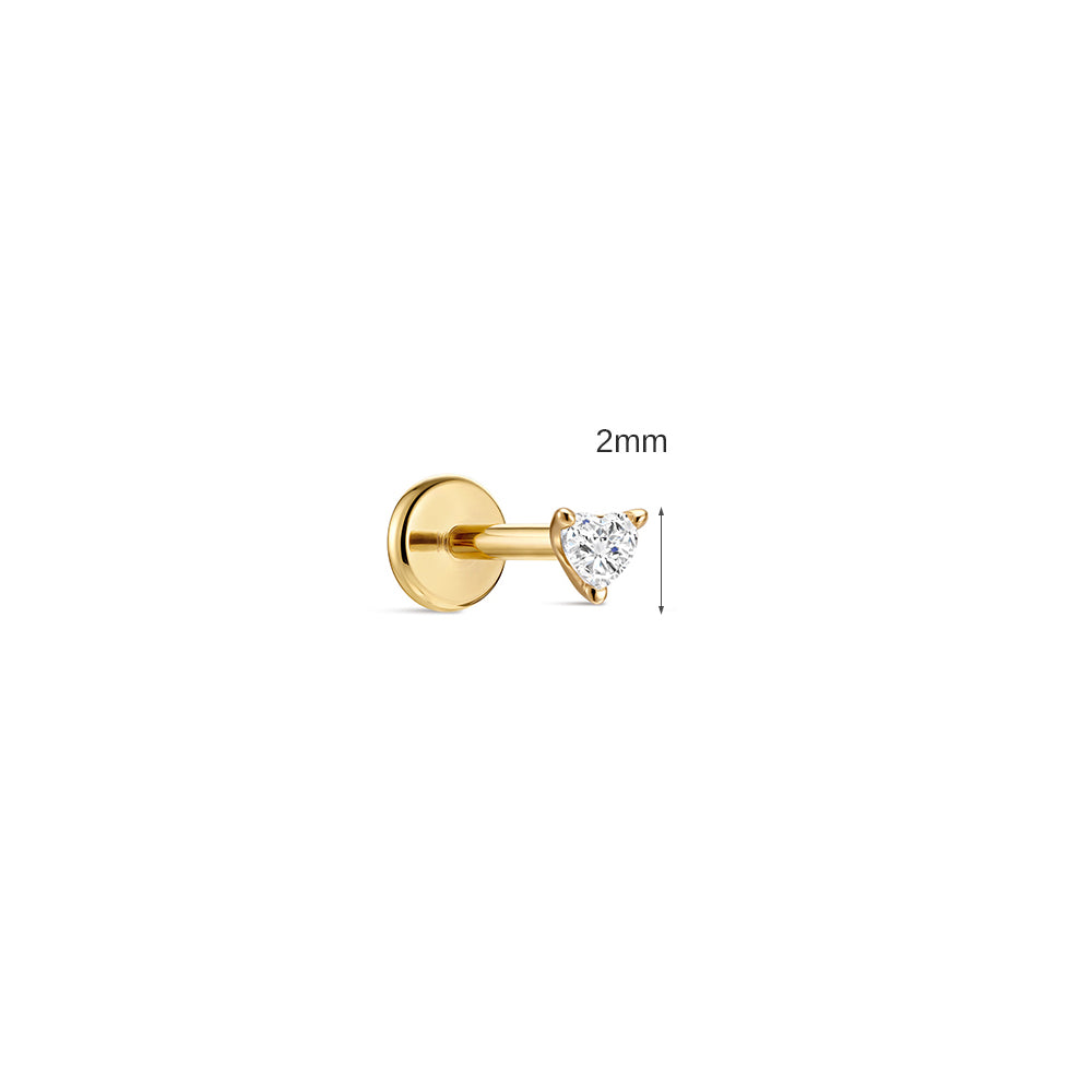 14K Gold Heart CZ Titanium Internally Threaded Flat Back Cartilage Stud | Hypoallergenic Piercing Jewelry