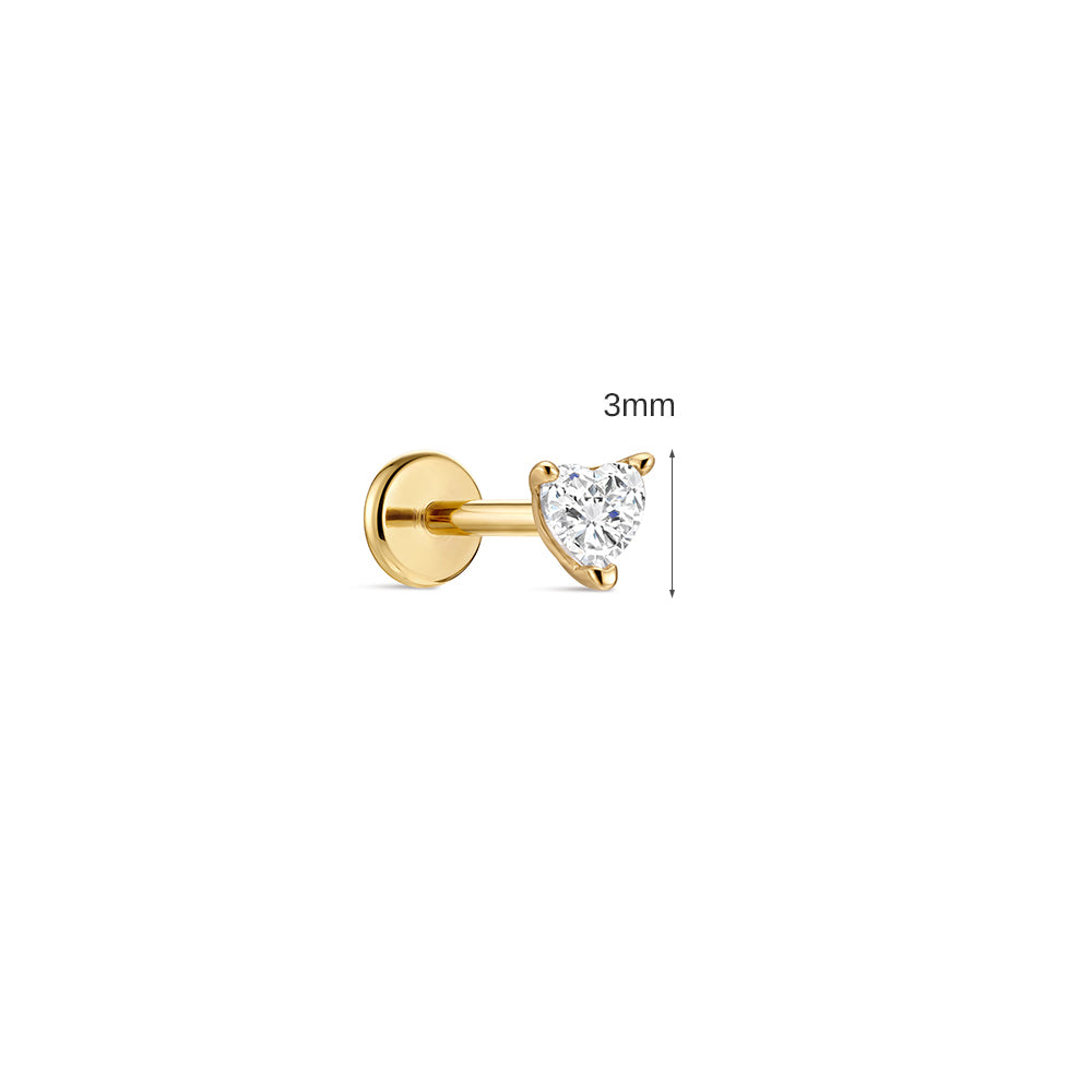 14K Gold Heart CZ Titanium Internally Threaded Flat Back Cartilage Stud | Hypoallergenic Piercing Jewelry