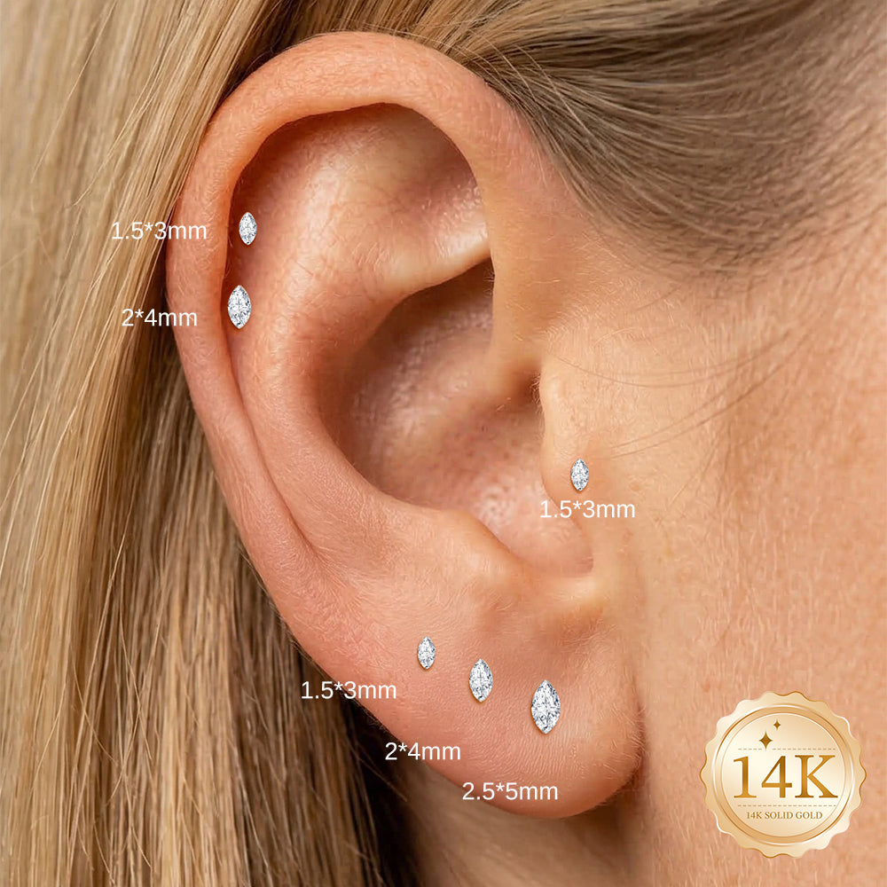 14K Gold Marquise CZ Titanium Internally Threaded Flat Back Cartilage Stud | Hypoallergenic Piercing Jewelry