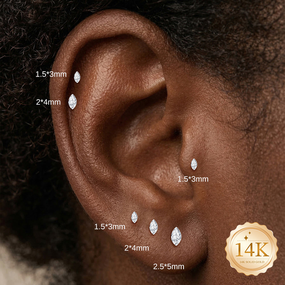14K Gold Marquise CZ Titanium Internally Threaded Flat Back Cartilage Stud | Hypoallergenic Piercing Jewelry