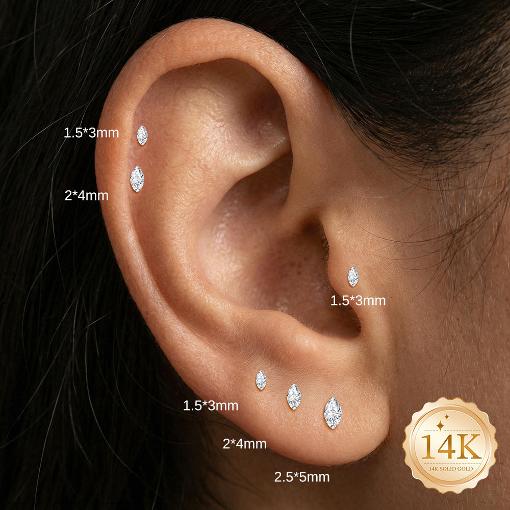 14K Gold Marquise CZ Titanium Internally Threaded Flat Back Cartilage Stud | Hypoallergenic Piercing Jewelry