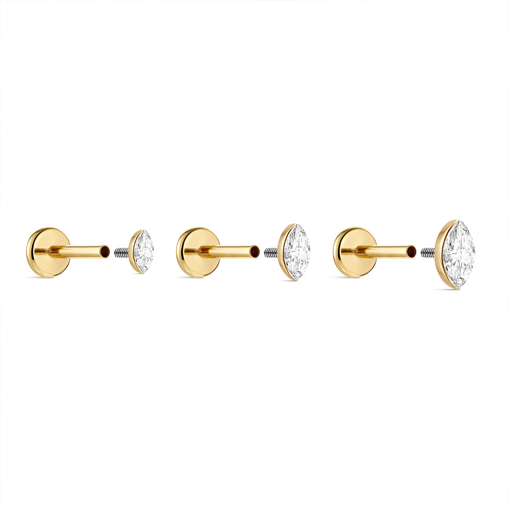 14K Gold Marquise CZ Titanium Internally Threaded Flat Back Cartilage Stud | Hypoallergenic Piercing Jewelry