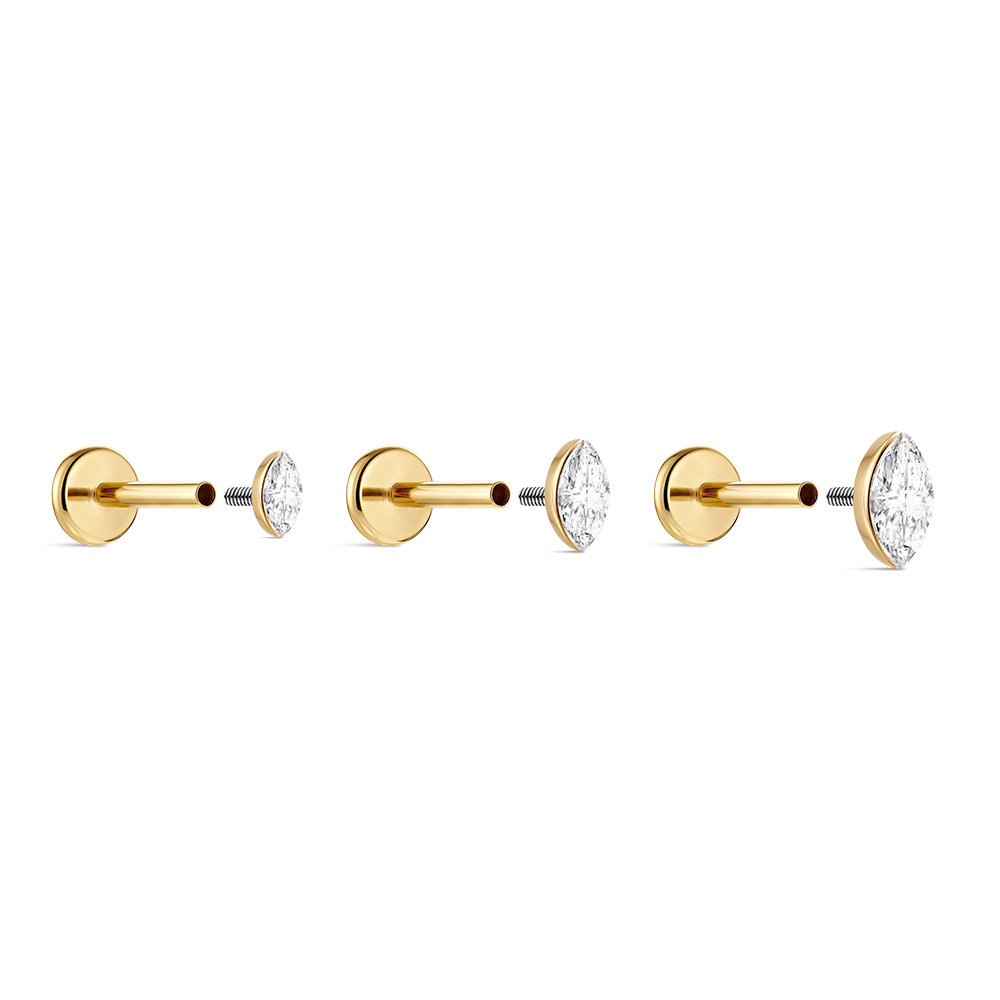 14K Gold Marquise CZ Titanium Internally Threaded Flat Back Cartilage Stud | Hypoallergenic Piercing Jewelry