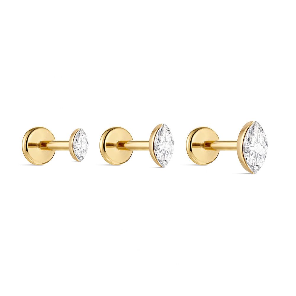 14K Gold Marquise CZ Titanium Internally Threaded Flat Back Cartilage Stud | Hypoallergenic Piercing Jewelry