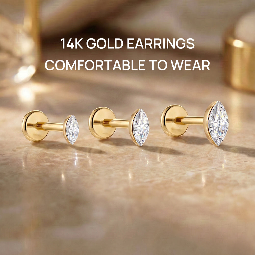 14K Gold Marquise CZ Titanium Internally Threaded Flat Back Cartilage Stud | Hypoallergenic Piercing Jewelry