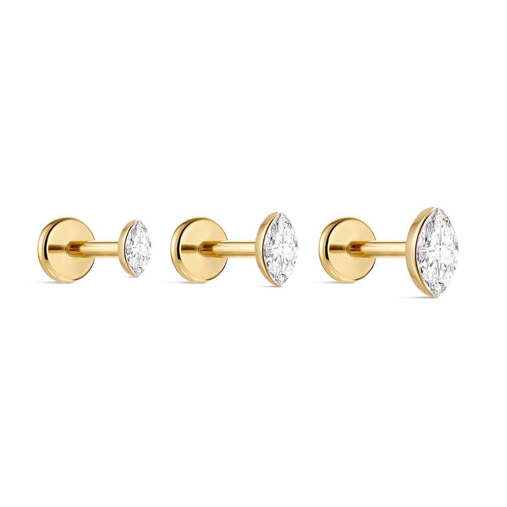 14K Gold Marquise CZ Titanium Internally Threaded Flat Back Cartilage Stud | Hypoallergenic Piercing Jewelry