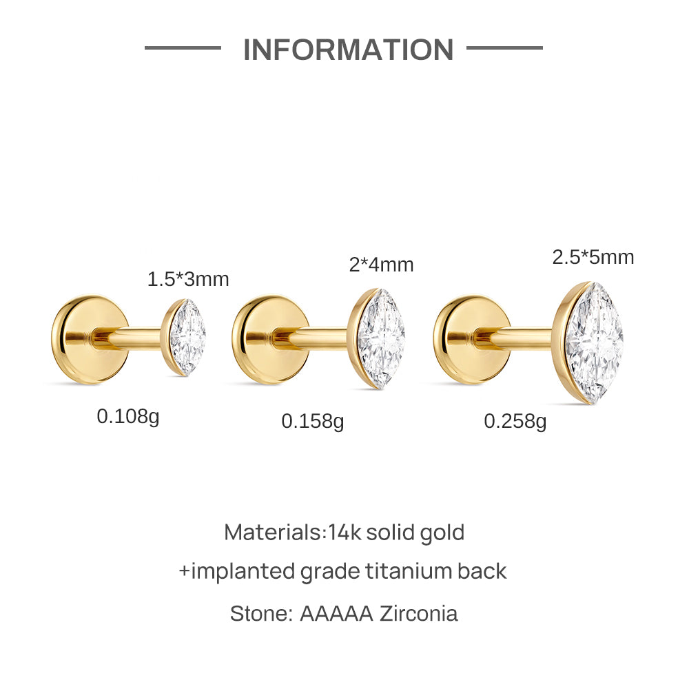14K Gold Marquise CZ Titanium Internally Threaded Flat Back Cartilage Stud | Hypoallergenic Piercing Jewelry