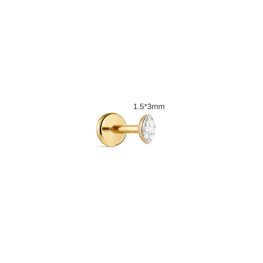 14K Gold Marquise CZ Titanium Internally Threaded Flat Back Cartilage Stud | Hypoallergenic Piercing Jewelry