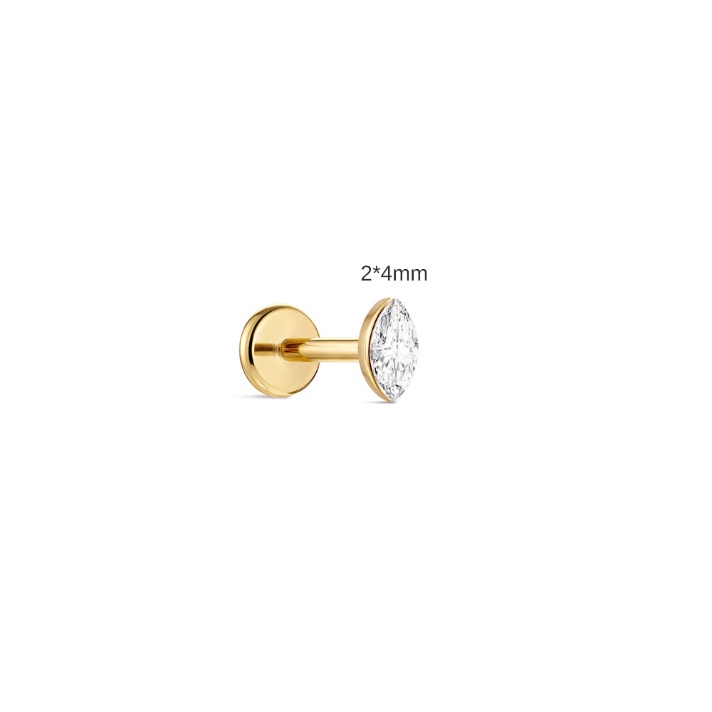 14K Gold Marquise CZ Titanium Internally Threaded Flat Back Cartilage Stud | Hypoallergenic Piercing Jewelry