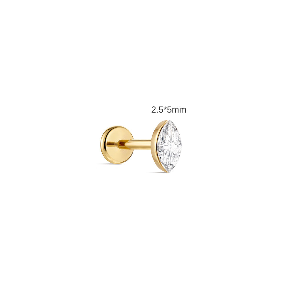 14K Gold Marquise CZ Titanium Internally Threaded Flat Back Cartilage Stud | Hypoallergenic Piercing Jewelry
