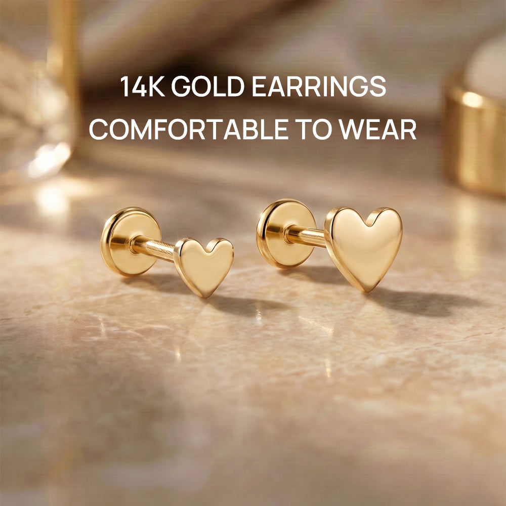 14K Gold Polished Mini Heart Titanium Internally Threaded Flat Back Cartilage Stud | Hypoallergenic Piercing Jewelry