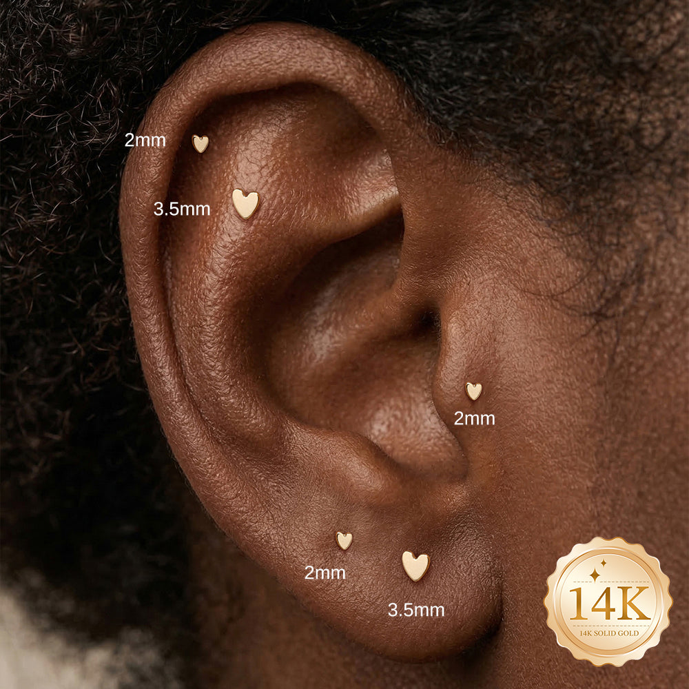 14K Gold Polished Mini Heart Titanium Internally Threaded Flat Back Cartilage Stud | Hypoallergenic Piercing Jewelry