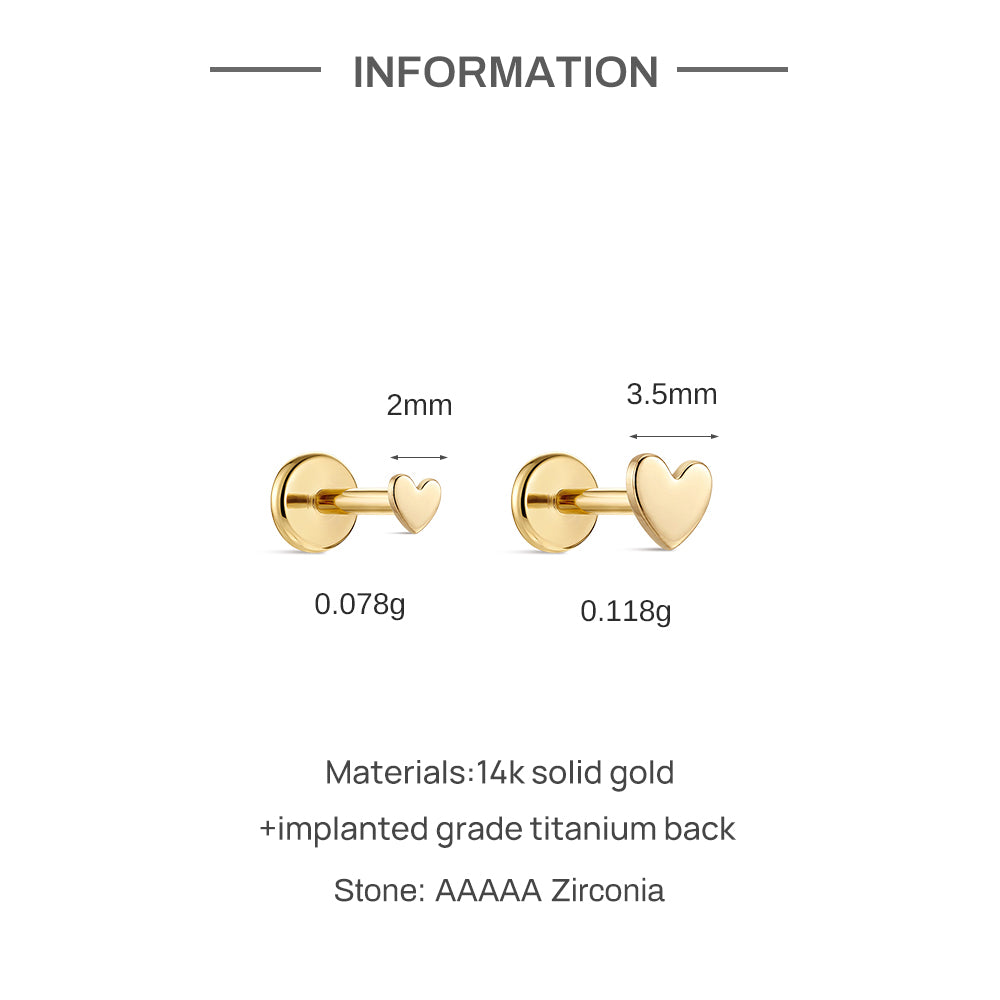14K Gold Polished Mini Heart Titanium Internally Threaded Flat Back Cartilage Stud | Hypoallergenic Piercing Jewelry