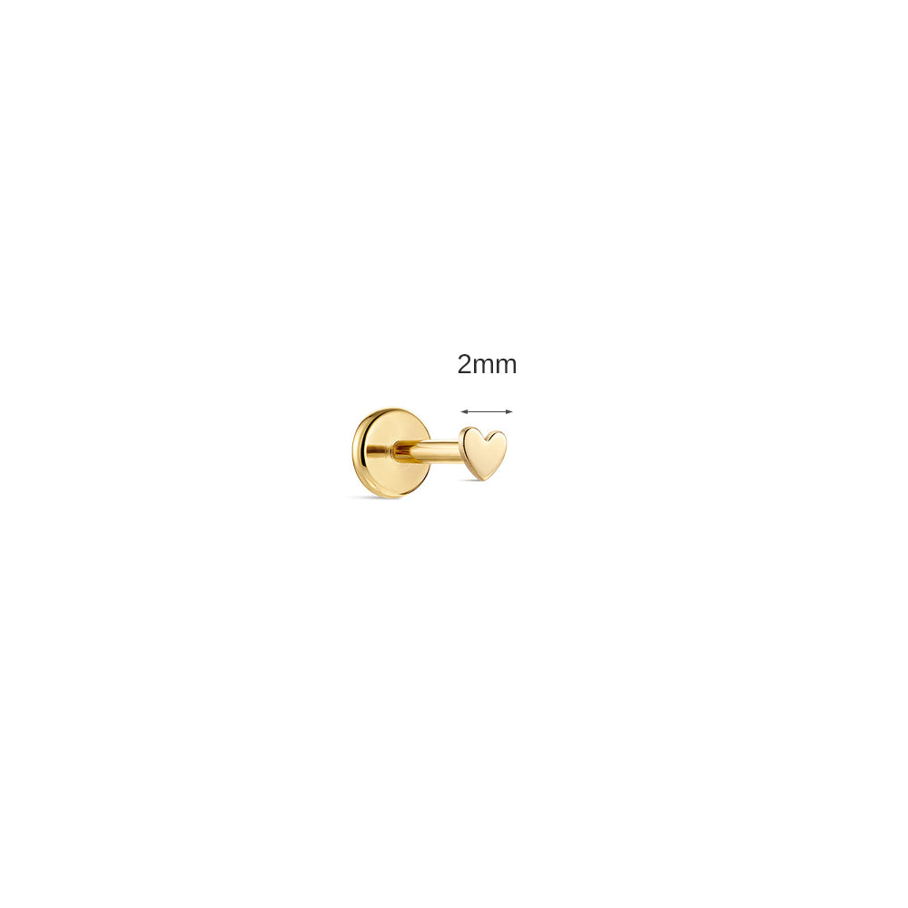 14K Gold Polished Mini Heart Titanium Internally Threaded Flat Back Cartilage Stud | Hypoallergenic Piercing Jewelry