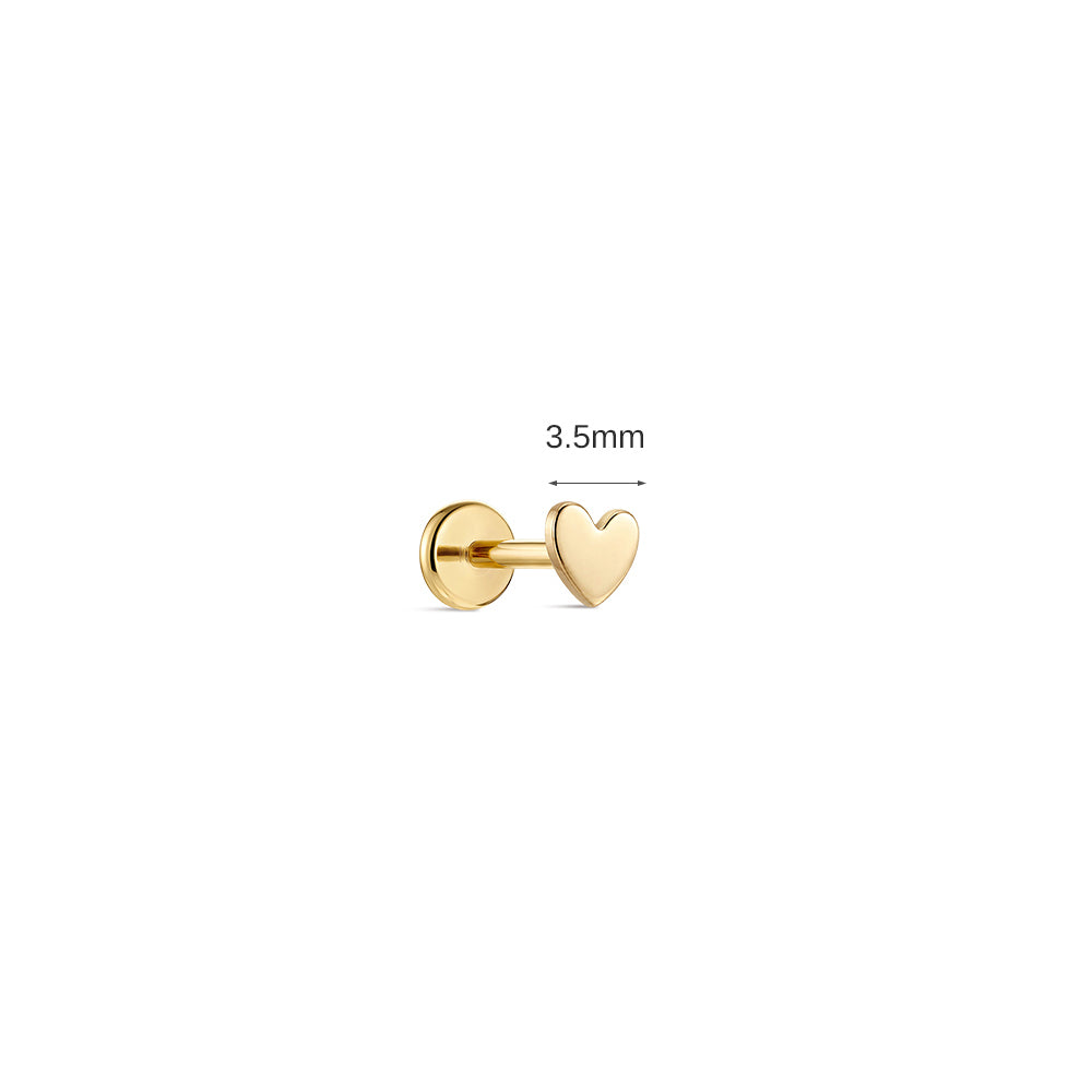 14K Gold Polished Mini Heart Titanium Internally Threaded Flat Back Cartilage Stud | Hypoallergenic Piercing Jewelry