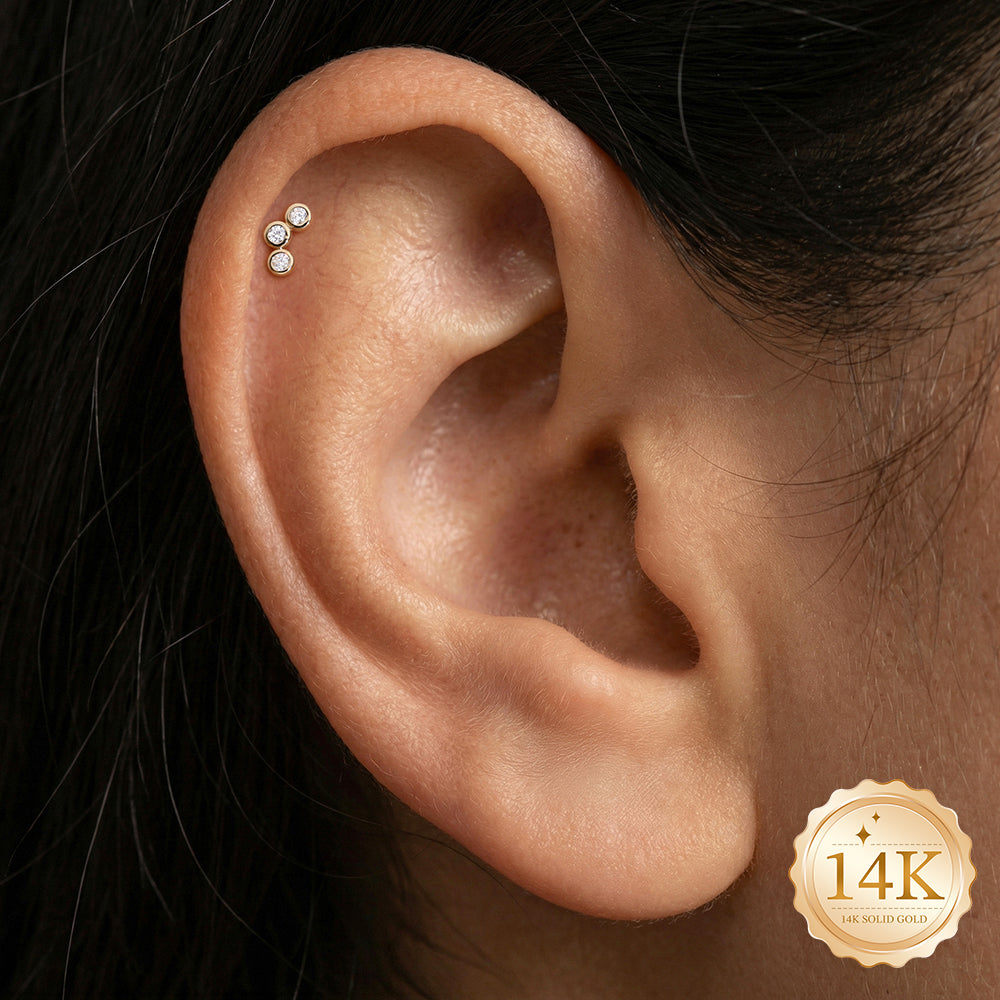 14K Gold Triple Round Bezel-Set CZ Titanium Internally Threaded Flat Back Cartilage Stud | Hypoallergenic Piercing Jewelry