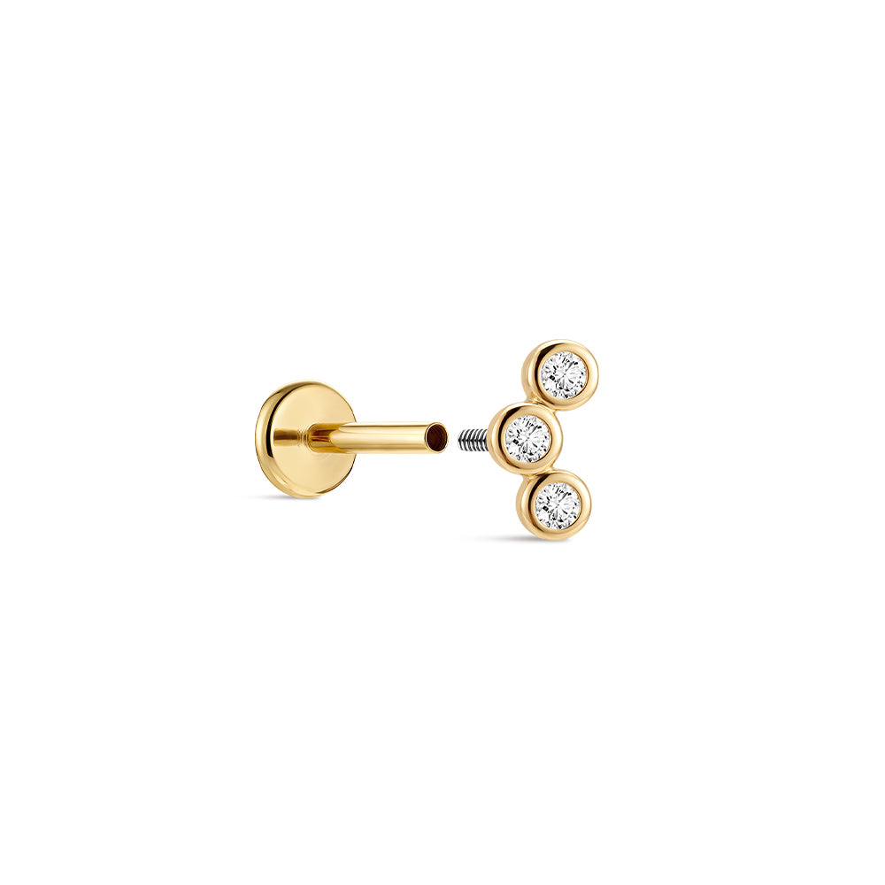 14K Gold Triple Round Bezel-Set CZ Titanium Internally Threaded Flat Back Cartilage Stud | Hypoallergenic Piercing Jewelry