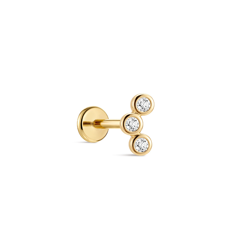 14K Gold Triple Round Bezel-Set CZ Titanium Internally Threaded Flat Back Cartilage Stud | Hypoallergenic Piercing Jewelry